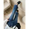 Versão Dupla~Calças de Cintura Alta com Pernas Longas e Tecido Elástico em Quatro Direções Levemente Avasaladas para Mulheres 26 Novo para o Início do Outono Jeans Emagrecedor H081504