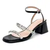 Sandalias de Tacón Grueso con Pedrería para Mujer, Nuevo Estilo Verano 2025, Punta Cuadrada, Estilo de Hada, Punta Abierta, Zapatos de Tacón Alto con Tira Única