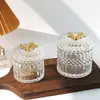 Tarro de Almacenamiento de Vidrio Repujado Francés Ins Retro Adorno de Decoración de Escritorio Tarro para Bastoncillos de Algodón de Maquillaje con Tapa Caja de Almacenamiento