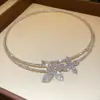 Conjunto de Brincos Gargantilha Flor Dupla Cravejado com Diamantes Transfronteiriço Europeu e Americano, Joia Simples, Fashion, de Alto Padrão, Exquisita e Versátil para Mulheres