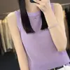 Camisola de punto fina y transpirable de lino y seda de hielo con cuello redondo, color liso, sin mangas, informal, cómoda, para mujer, para primavera y verano