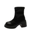 Botines de Tacón Alto Grueso Estilo Francés para Mujer Otoño e Invierno 2024 Nuevo Estilo Británico Punta Redonda Tacón Grueso Elásticos Delgados