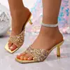 Sandalias de Tacón Alto con Lentejuelas Estilo Europeo 2026 Chanclas para Mujer Punta Abierta Tacón de Aguja Moda Pantuflas para Mujer Pantuflas de Cuña