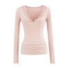 Top de encaje sexy escote en V profundo para mujer, Nuevo Otoño/Invierno Cintura fruncida Dobladillo ondulado Camisa base Camiseta de manga larga