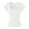 Camiseta de manga corta de Tencel, puramente seductora, cuello en U, borde ondulado, nuevo estilo de verano, versátil, corte ajustado, adelgazante, top base de color liso para mujer