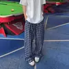 Calça Xadrez Azul Marinho de Gaze Bolha para Homens, Calça de Seda Gelada de Perna Larga para Outono, Estilo Bf Solto, Estilo Preguiçoso, Calça Longa Fluida