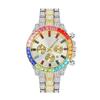 Nuevo 2023 Comercio Exterior Falso Tres Ojos Moda Color Diamante Calendario Diamante Completo Juego de Diamantes Reloj de Cuarzo con Correa de Acero para Hombre