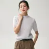 Elegante y versátil suéter casual de punto trenzado con cuello alto de mezcla de cachemira, manga corta, color liso, estilo retro