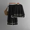 Traje Casual de Moda 2024 Otoño e Invierno Nuevo Color de Contraste Abertura Manga Larga Tejido de Punto Cintura Alta Pantalones de Pierna Ancha Conjunto de Dos Piezas