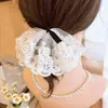 Goma para el pelo de encaje dulce con perlas y colgante de lazo estilo francés, para moño de niña, Cuerda elegante para coleta