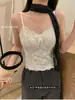 6112 # Camisola de encaje de pestañas a cuadros estilo francés para mujer con copas acolchadas incorporadas, escote en V, espalda hermosa, corte ajustado y efecto adelgazante