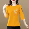 Camiseta de manga tres cuartos suelta de talla grande para mujeres con sobrepeso, top para cubrir la barriga, ocultar grasa, mostrar delgadez, camiseta de comercio electrónico transfronterizo para mediana edad y personas mayores
