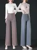 3179 Calças de Perna Larga Novas de Primavera e Outono Jeans de Perna Reta Versátil Elegante Emagrecedor Plus Size Calças Femininas Casuais Suaves Estilo Hong Kong