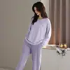 Pijama para Mujer Primavera y Otoño Algodón Puro Pantalón de Manga Larga Otoño Estilo Simple Holgado Color Sólido Conjunto de Ropa para el Hogar para Mujer