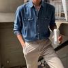 Camisa jeans masculina marca de moda estilo Hong Kong moda retrô casaco casual coreano bonito simples manga longa versátil