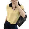 Camisa de Punto de Manga Corta para Mujer Estilo Nuevo Verano 2025 con Cuello de Solapa y Colores Contrastantes, Elegante y con Estilo, Efecto Adelgazante, Camiseta
