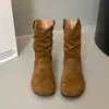 Botas de tornozelo Birkenstock com sola macia para mulheres, Botas Western Primavera/Verão 2026, emagrecedoras, calce fácil, bico redondo, botas amassadas, botas de moda retrô para mulheres
