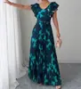 Vestido Largo Estampado Floral de Verano 2026 con Mangas Volantes y Cuello en V Estilo Europeo y Americano Elegante Romántico Vestido Plisado