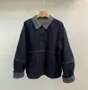 Jaqueta jeans color block retrô com gola virada para mulheres, novo estilo primavera e outono 2026, jaqueta petite, extremamente estilosa e descontraída