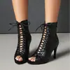 Nuevas Sandalias Jazz Tacones Altos Sandalias de Tira Peep-toe Botines Cortos con Cordones Tacones de Aguja Zapatos de Baile Comercio Exterior
