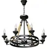Lustre circular de vela com corda de cânhamo estilo industrial, luminária de sala de estar vintage em ferro preto, iluminação personalizada para vilas e pousadas