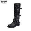 Botas largas de tacón grueso de cuero genuino para mujer, que aumentan la altura, punta redonda, nuevo estilo otoño e invierno 2026, Botas de jinete Melard de tacón de bloque para meter por dentro del pantalón