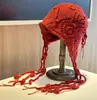 Gorro de Ganchillo Hueco Hecho a Mano para Mujer, Rojo Irregular con Borlas, Cálido, Protección para las Orejas, Ranura Trasera, Gorro de Punto de Color Sólido