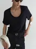 Camiseta Bie sin costuras, top de lino para mujer de manga corta, cuello en U holgado, top básico casual versátil para el verano