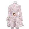 Amazon Elegante Vestido Digitalmente Estampado para Mujer Otoño Nuevo Cuello Alto Un Botón Manga Larga Cinturón Falda Floral