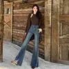 Jeans de Estilo Americano con Flecos Dobladillo Crudo Micro Campana para Mujer 2026 Nuevo Otoño Chica Picante Cintura Alta Adelgazantes Pantalones de Campana a Media Pierna