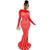 C6198 AliExpress Amazon Europeu e Americano moda feminina cor sólida malha see-through strass vestido de manga comprida vestido