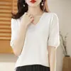 Suéter Pulôver Gola V Primavera e Outono Feminino Tricô Manga Curta Camiseta Feminina Novo Manga de Três Quartos Solto Meia-Manga Mais Fácil de Combinar Top Curto