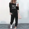 Moda Femenina Europea y Americana Transfronteriza de Primavera y Otoño Conjunto Casual de Camiseta de Manga Larga Estampada Holgada y Pantalones Versátil Estilo Japonés y Coreano Ropa Casual