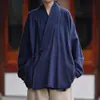 Nueva túnica modificada estilo chino Hanfu para hombre, de manga larga, cuello cruzado y amarre, corte holgado, ropa de laico inspirada en el Zen, hecha de tela gruesa