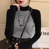 Cuello Alto Medio Estilo Coreano Nuevo Camiseta Básica de Terciopelo Alemán Otoño e Invierno Gris Hombro Derecho Ajuste Delgado Camiseta Raglán para Mujer Mangas Largas