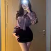 Primavera de 2026 Novo Estilo Coreano Roxo Elegante Camisa com Decote V e Laço Saia de Cintura Alta Conjunto Fashion Tendência Ins