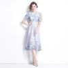 Vestido de Moda Europeu Outono e Verão 2024 Renda Solúvel em Água Vazada Posicionada Estampada Vestido de Comprimento Médio