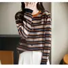 Cardigan de Lã Fina com Listras de Abóbora Pequena para Mulheres no Outono e Inverno, Jaqueta Tricotada Doce com Listras Degradê para Reduzir a Idade e Estilo Preguiçoso