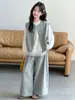 Conjunto de tres piezas de chaleco de encaje estilo coreano para niña, nueva colección primavera/otoño 2024, con diseño de dos piezas falso con mangas abullonadas y pantalones de pierna ancha
