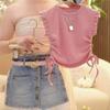 Conjunto de Verão para Meninas 2025 Novo Estilo de Verão Blusa Regata com Manga Flare Infantil Camiseta Saia Jeans Curta Saia Calça Casual Versátil