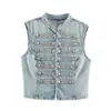 Chaleco de Mezclilla Lavado Vintage para Mujer, Cuello Alto, Doble Fila de Botones Metálicos, Ropa Exterior sin Mangas, Mayoreo 8727260