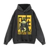 Moletom com capuz vintage preto lavado de peso pesado com estampa de quadrinhos e estampa colorida brilhante, top pullover unissex para casal em estoque