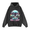 Moletom com Capuz High Street Cyber Motorcycle Cena Noturna Marca Tendência Vintage Lavado Neon Estilo Retrô Solto Gola Redonda