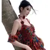 Vestido Largo Floral Estilo Retro Francés con Tirantes, Vestido de Fiesta, Tejido de Punto Tie-Dye de Verano con Cintas