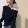 Principios de Otoño 2025, Camiseta de Aspecto Hermoso y Adelgazante con Diseño de Hombro Inclinado, Estilo Coreano, Top Versátil de Manga Larga, Suave y Elegante para Mujeres