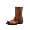 Botas de chaminé de couro bovino de camada superior para mulheres, botas de couro desgastado, novo estilo outono e inverno, bico redondo de couro genuíno, botas curtas estilo vintage sem cadarço de salto médio para mulheres