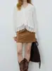 Camisa Elegante Relajada de Manga Larga con Cuello en V Fruncido de Encaje Pesado Estilo Romántico/Francés de Tencel Countonme