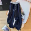 Jeans feminino de cintura alta com cadarço elástico e perna larga para meninas cheinhas, calça reta de comprimento total, calça feminina plus size solta casual machete