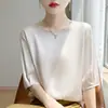 Estilo novo de verão, acetato acetinado, gola redonda, manga três quartos, regata lisa, peça externa plus size, top feminino