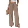 Calça Larga Casual de Verão com Cordão na Cintura Texturizada para Mulheres, Corte Solto com Bolsos Grandes, Caimento Fluido, Perna Reta Longa
